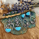 Woodland Mushrooms, leaves and Kingman Turquoise hand cast Sterling Silver Earrings
