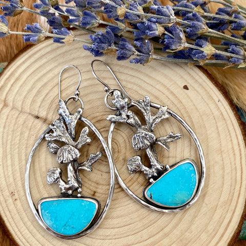 Woodland Mushrooms, leaves and Kingman Turquoise hand cast Sterling Silver Earrings