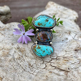 Boulder Opal and Rustic Turquoise Stones Bezeled in Sterling Silver Ring Size 5 US