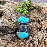 Boulder Opal and Rustic Turquoise Stones Bezeled in Sterling Silver Ring Size 5 US