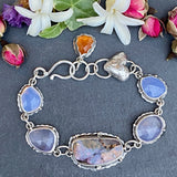 Opal ombré blue chalcedony, lavender quartz sterling silver bracelet