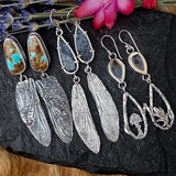 Dragonfly wings & Dendritic teardrop hand cast Sterling Silver Earrings