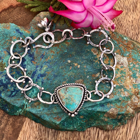 Turquoise shield and succulent sterling silver bracelet