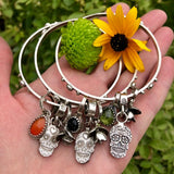 Sugar Skull and Black Onyx sterling silver Bangle Sterling Bracelet
