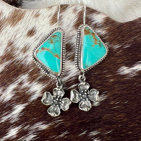 Dogwood blossom drops with Kingman Turquoise hand cast Sterling Silver Earrings
