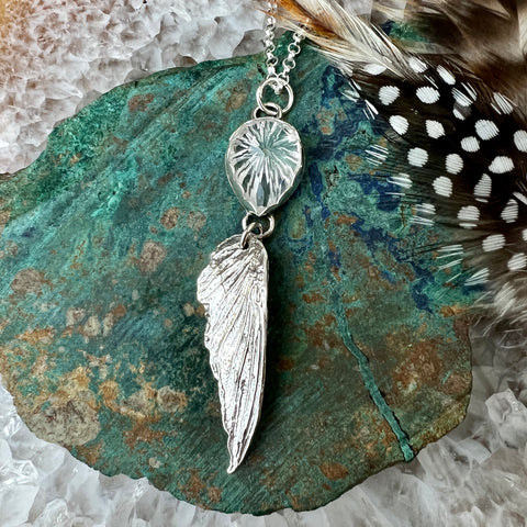 Quartz Crystal and Hummingbird wing sterling silver necklace