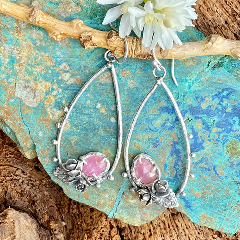 Succulents and pink sapphire teardrop hoop Earrings