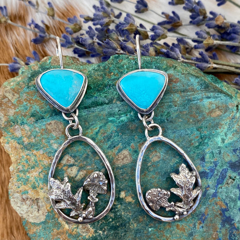 Woodland Mushrooms and Kingman Turquoise hand cast Sterling Silver Earrings