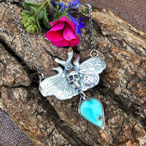 Moth and Skull Turquoise Necklace