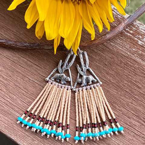 Desert Dweller "Sunflower Bear” hand cast Sterling Silver beaded Earrings
