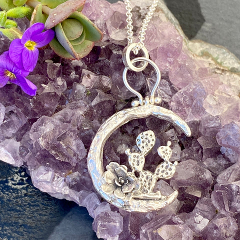 Moon Scape ~ Blooming Desert Cactus sterling silver necklace