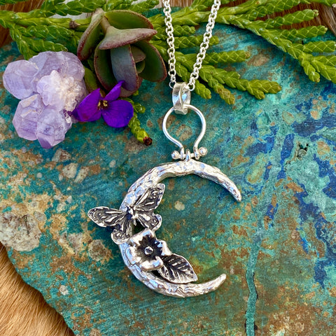 Moon Scape ~ Butterfly and flora sterling silver necklace