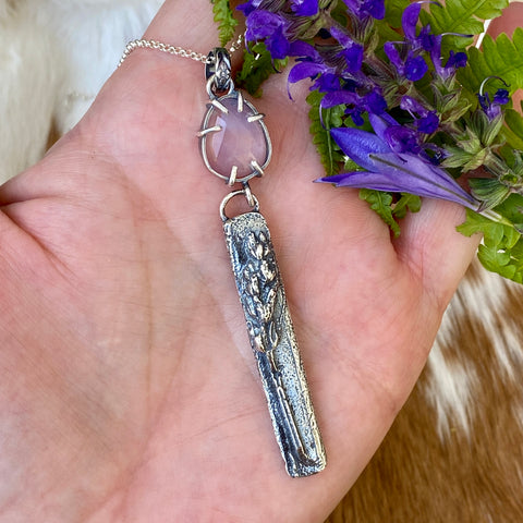 Lavender Quartz and hand cast Botanical Sprig Sterling Silver Necklace