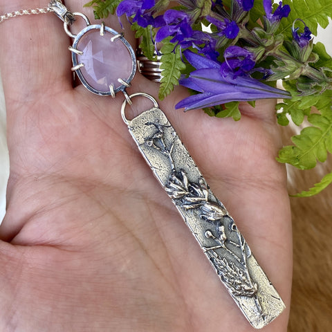 Lavender Quartz and hand cast Botanical bar Sterling Silver Necklace