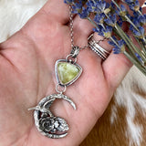 Hummingbird, Succulent and trillion Peridot gem sterling silver necklace