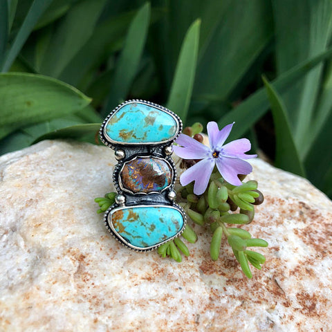 Boulder Opal and Rustic Turquoise Stones Bezeled in Sterling Silver Ring Size 5 US