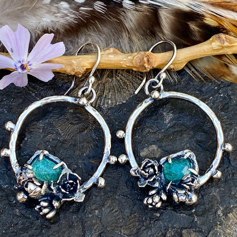 Succulents and aqua blue Tourmaline hoop Earrings