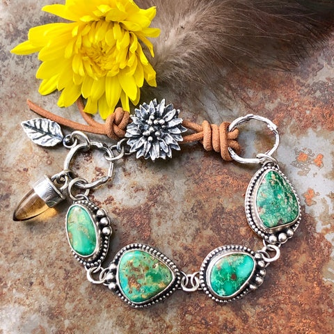 Sunflower and Royston Turquoise Sterling Silver Bracelet