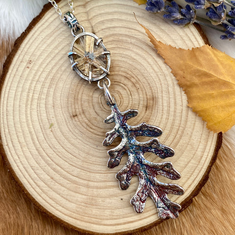 Autumn leave II and six point star Rulite gem sterling silver necklace