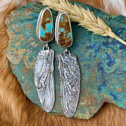 Dragonfly wings & Turquoise hand cast Sterling Silver Earrings