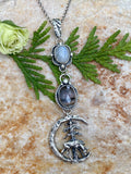 After midnight in the Pines, Deer, moonstone and Montana agate sterling silver necklace
