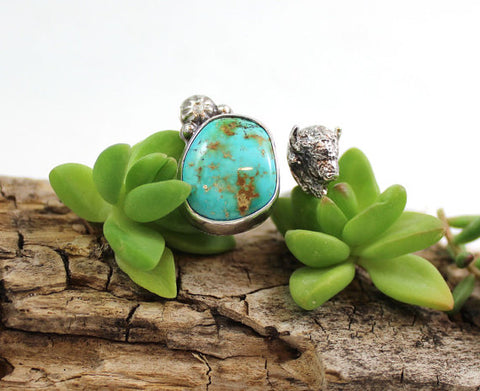 BUFFALO and Turquoise Sterling Silver ring, Size 8 to 8.5
